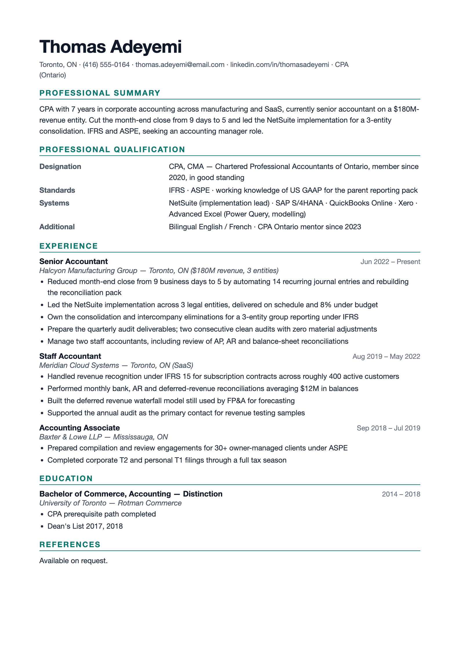 Preview of the free accountant resume template in Word format showing the qualification block and ERP technical skills section