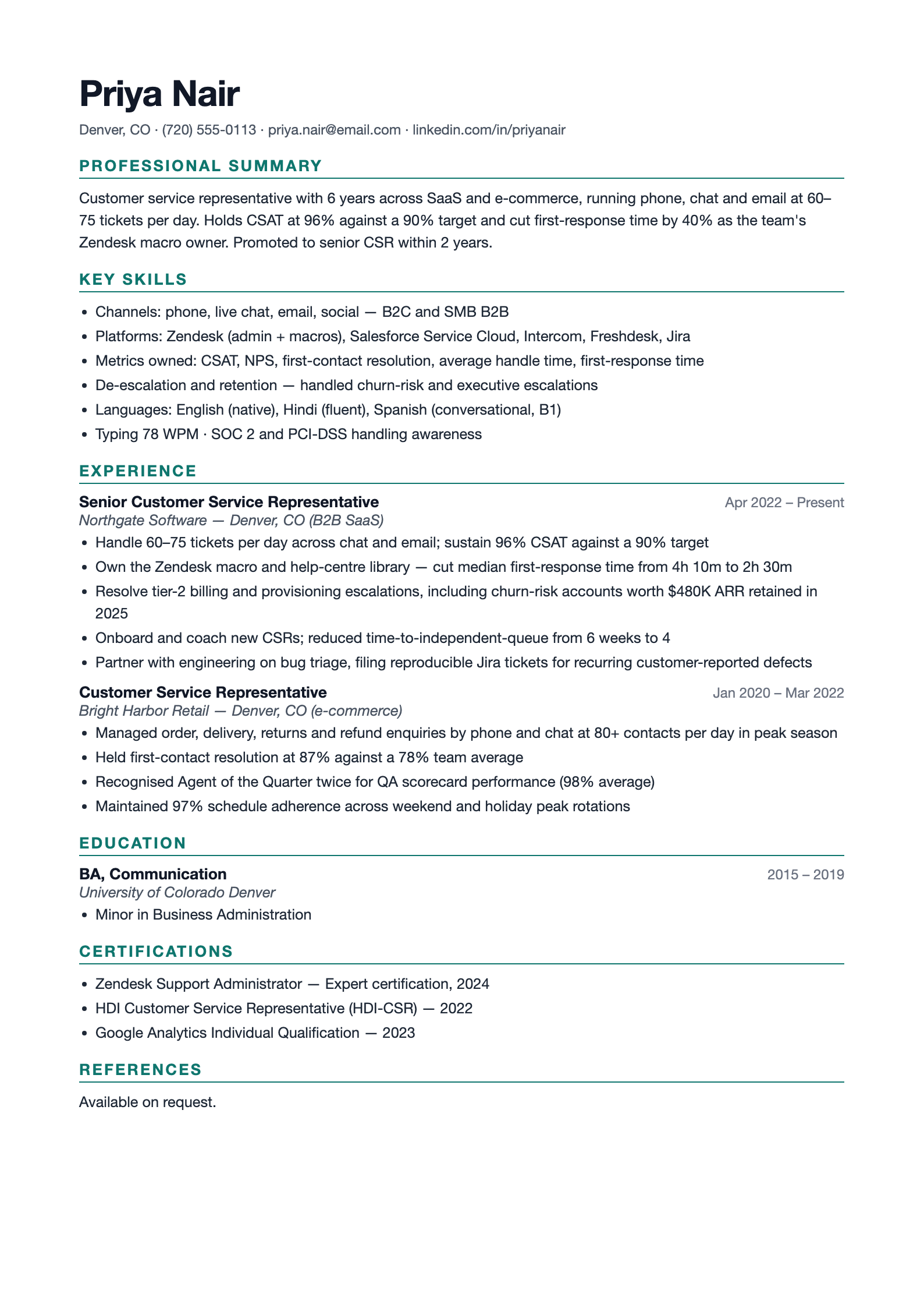 Preview of the free customer service resume sample showing the skills split and metric-carrying experience bullets