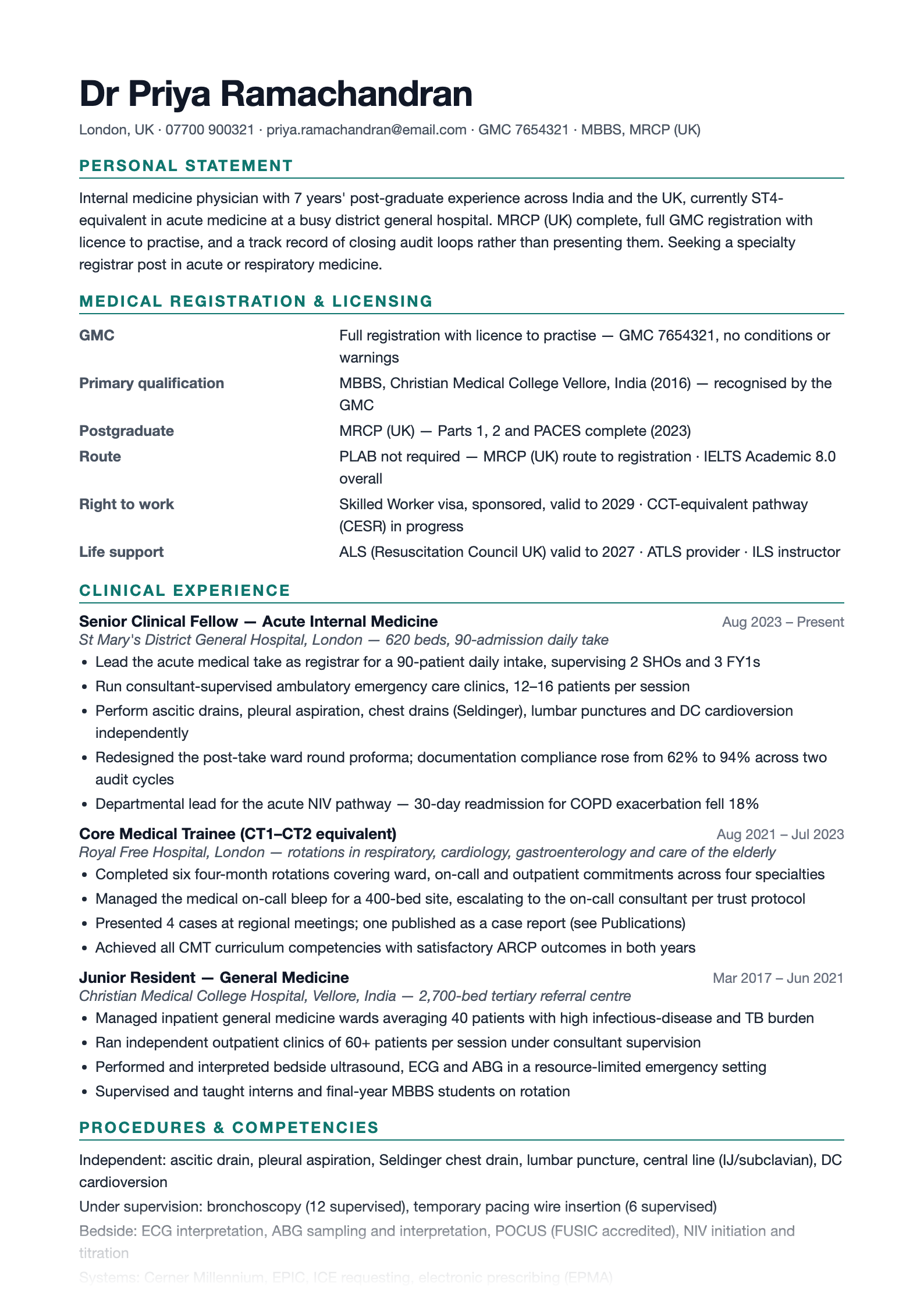 Preview of the free doctor CV template showing the medical registration and licensing block above clinical experience