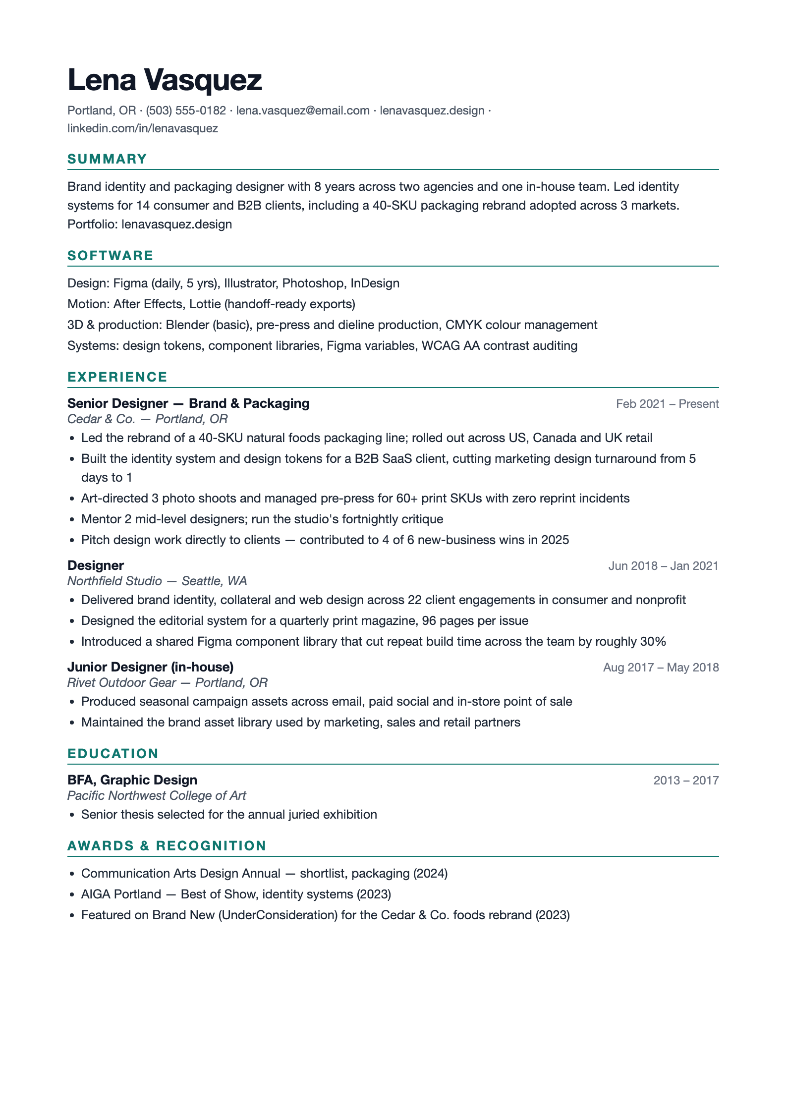 Preview of the free graphic designer CV template showing the portfolio header, software proficiency and client work sections