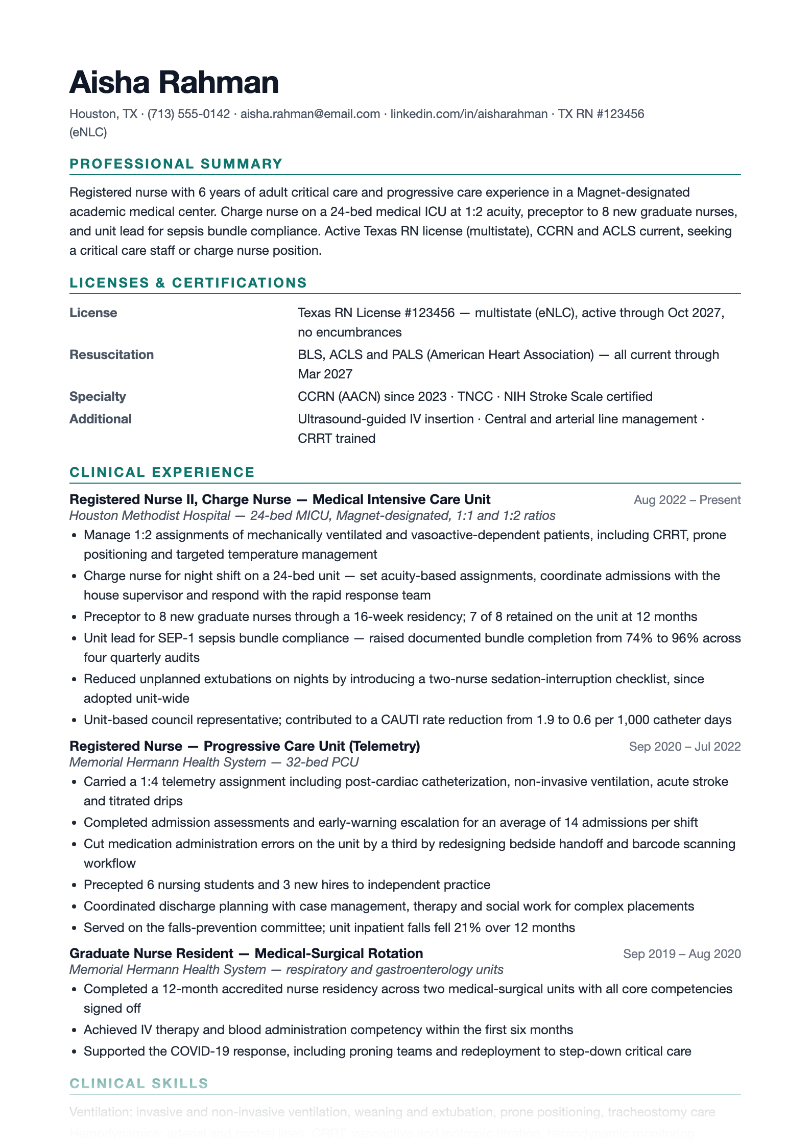 Preview of the free registered nurse resume template showing the licenses and certifications block and clinical experience section