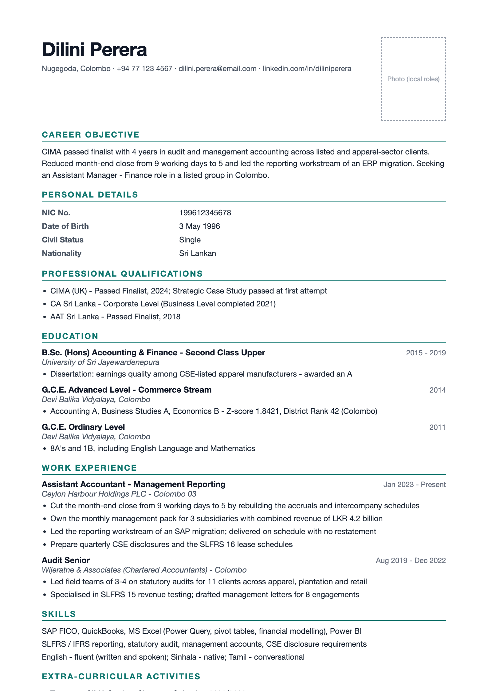 Preview of the free standard Sri Lankan CV format with Personal Details, CIMA qualifications and G.C.E. A/L sections