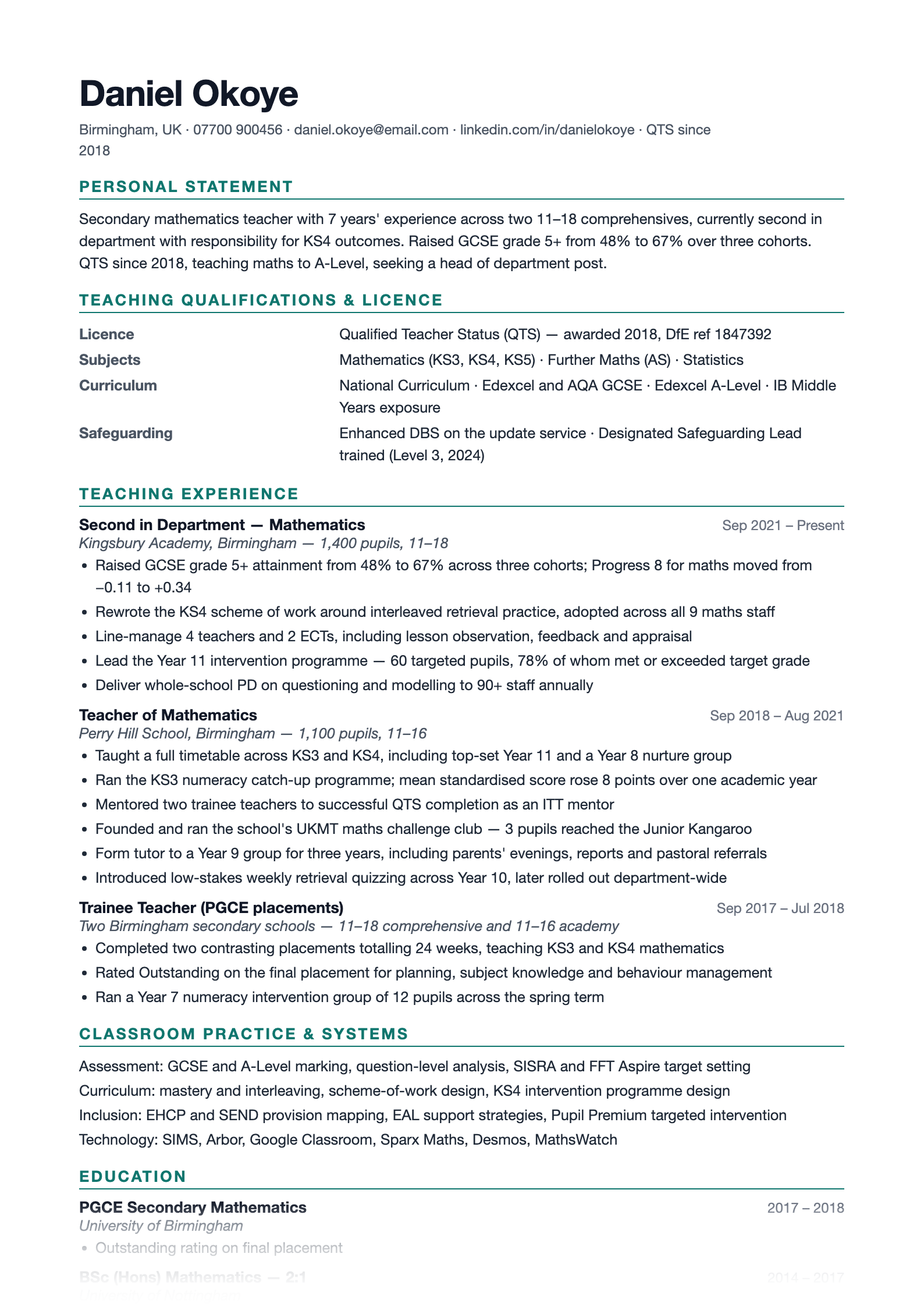 Preview of the free teacher CV template showing teaching qualifications, licence and classroom experience sections
