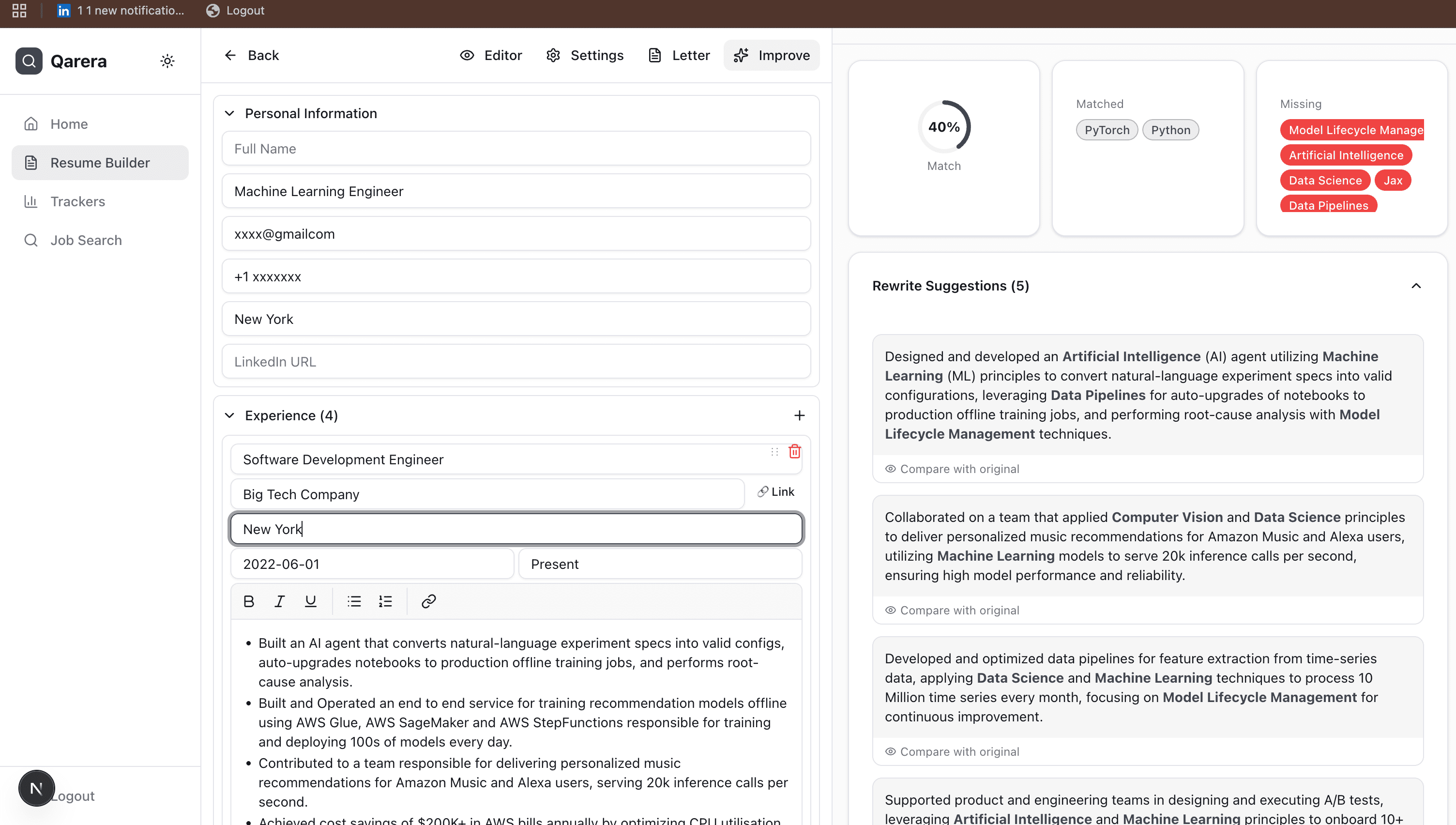 Qarera AI resume builder showing a match score, matched skills, and AI rewrite suggestions