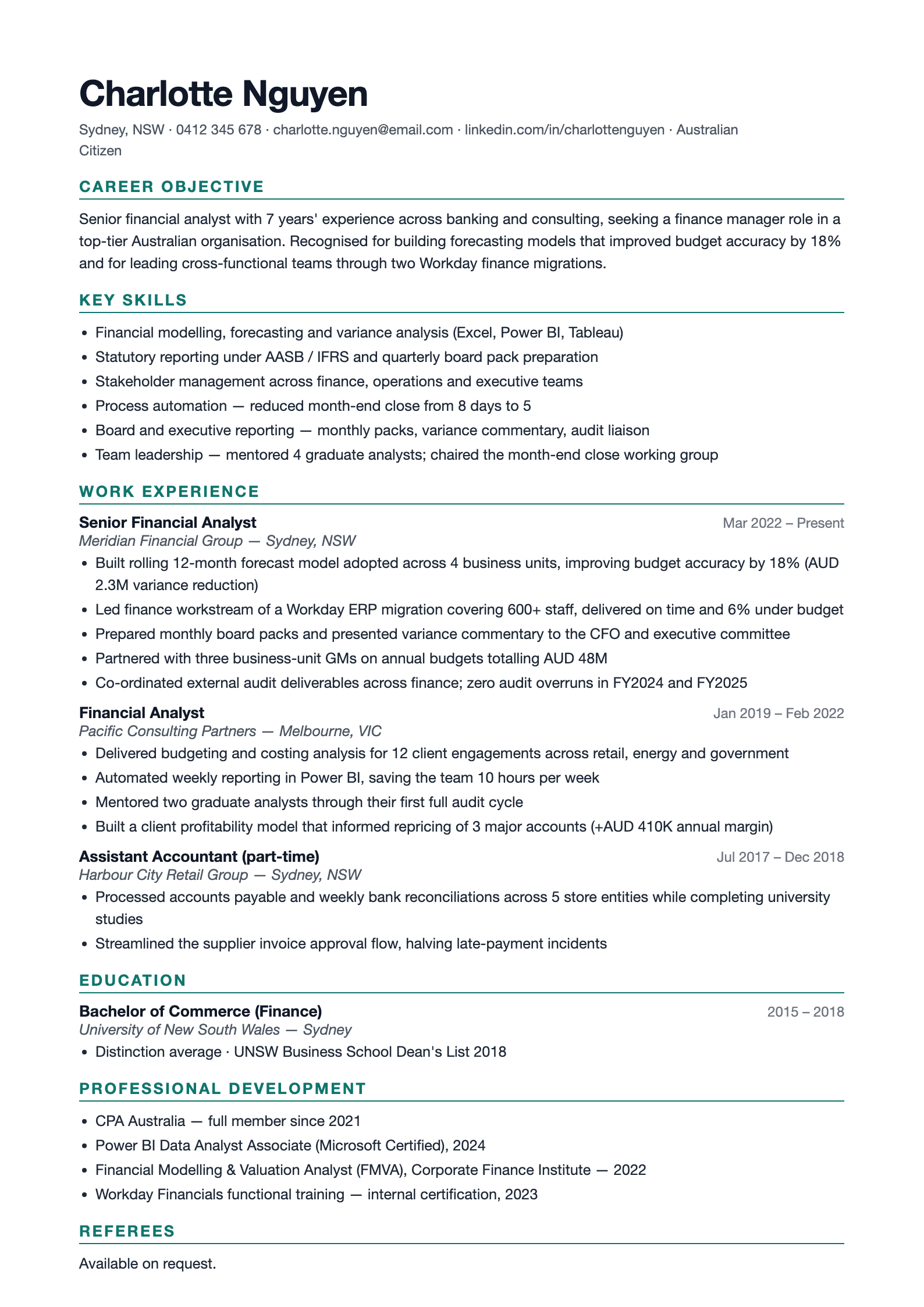 Preview of the free Australian resume template - professional format with Career Objective, Key Skills and Work Experience sections