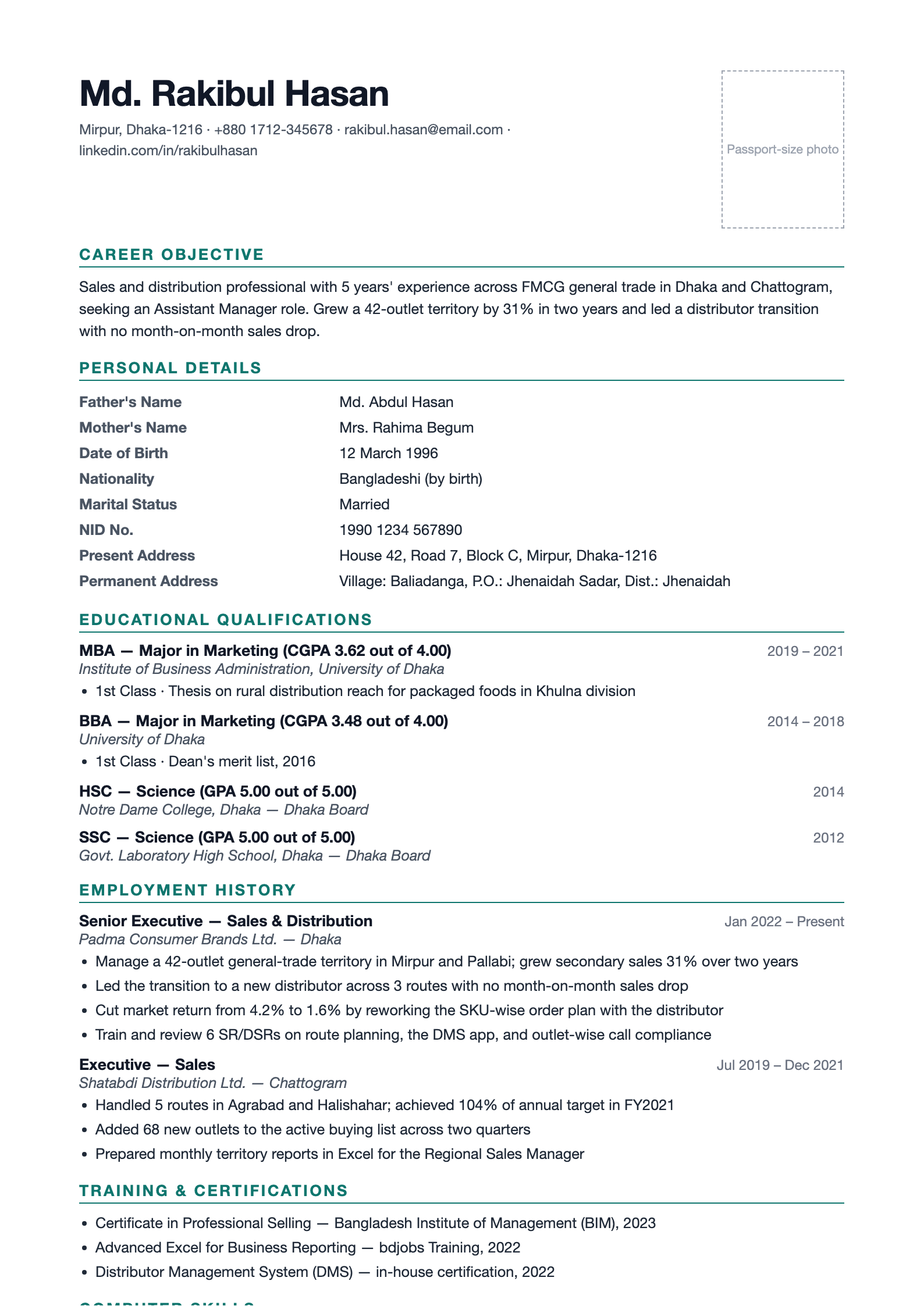 Preview of the free standard Bangladesh CV format with Personal Details, NID and SSC / HSC GPA sections