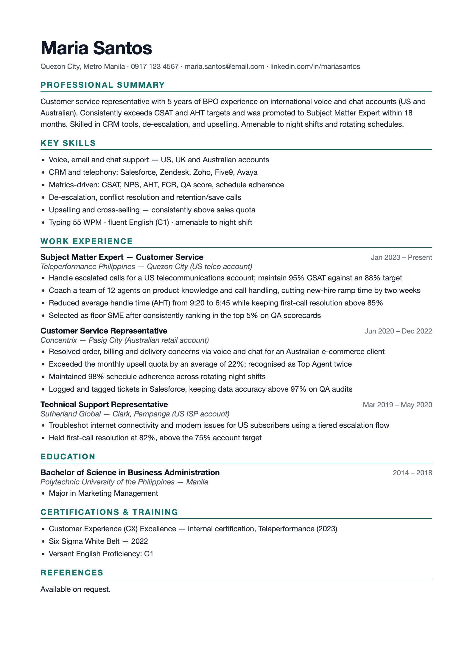 Preview of the free BPO / call center resume sample — metrics-driven customer service representative format with CSAT and AHT bullets
