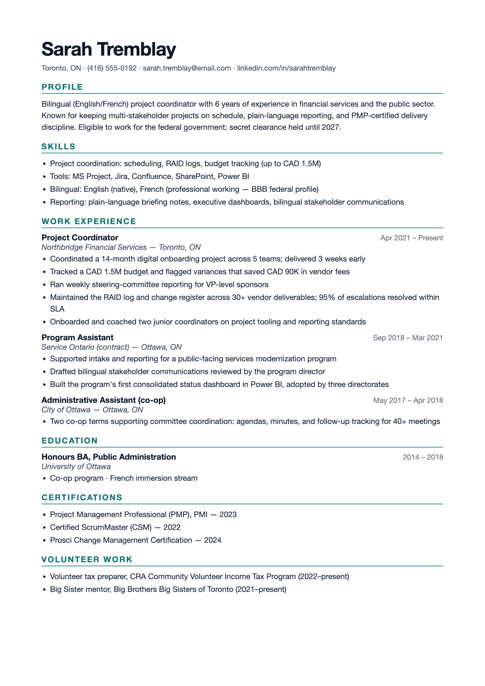 Preview of the free Canadian resume template - professional format with Profile, Skills and Work Experience sections