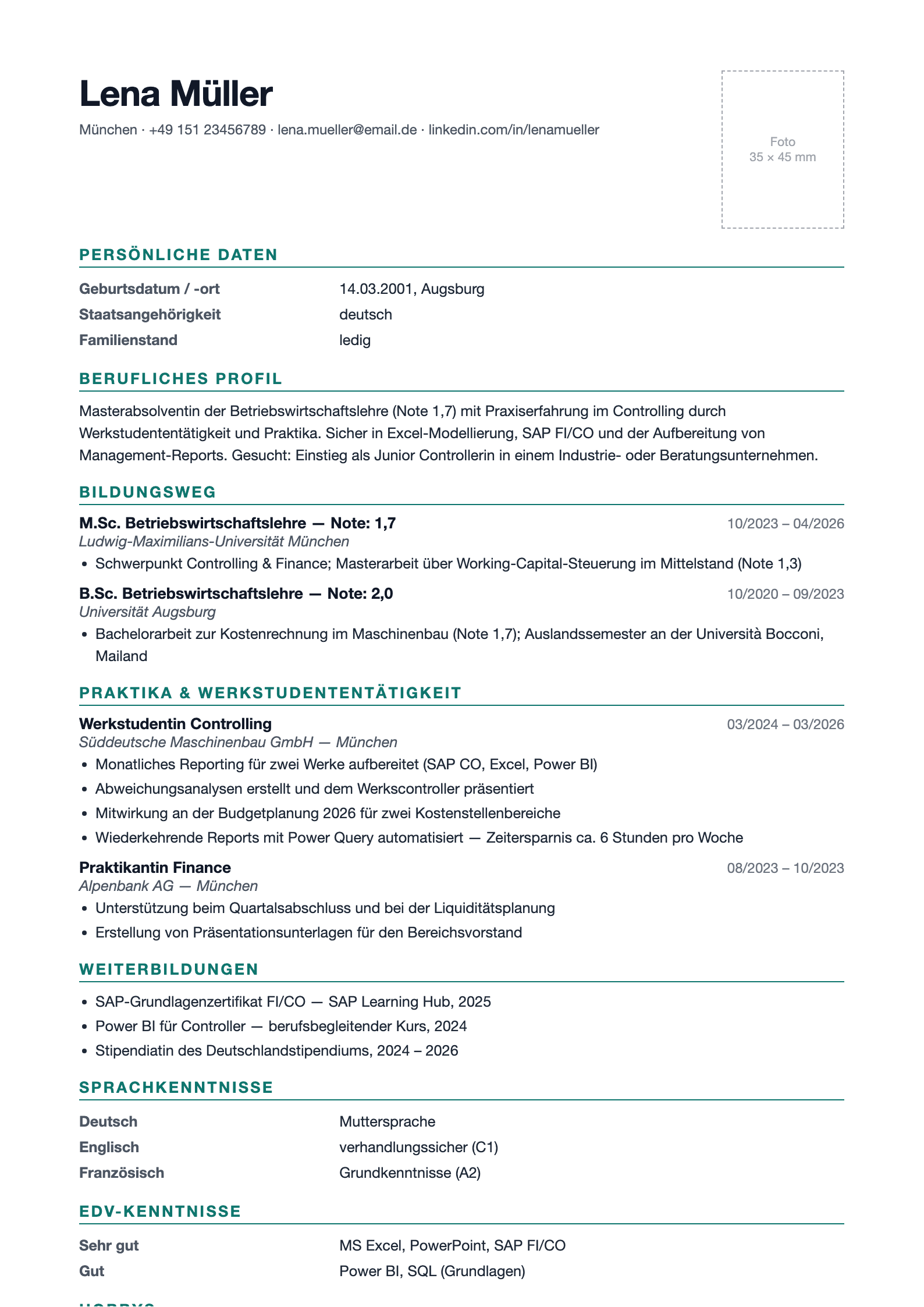 Preview of the free German Lebenslauf template with photo placeholder, Bildungsweg and signature line