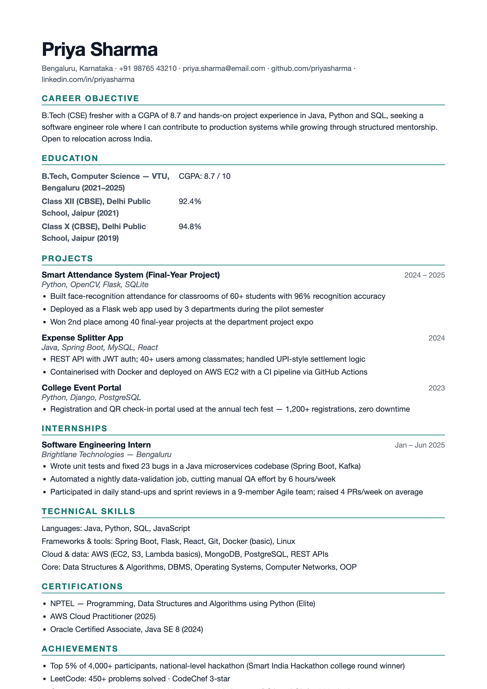 Preview of the free Indian fresher resume template with Career Objective, Education scores and Projects sections