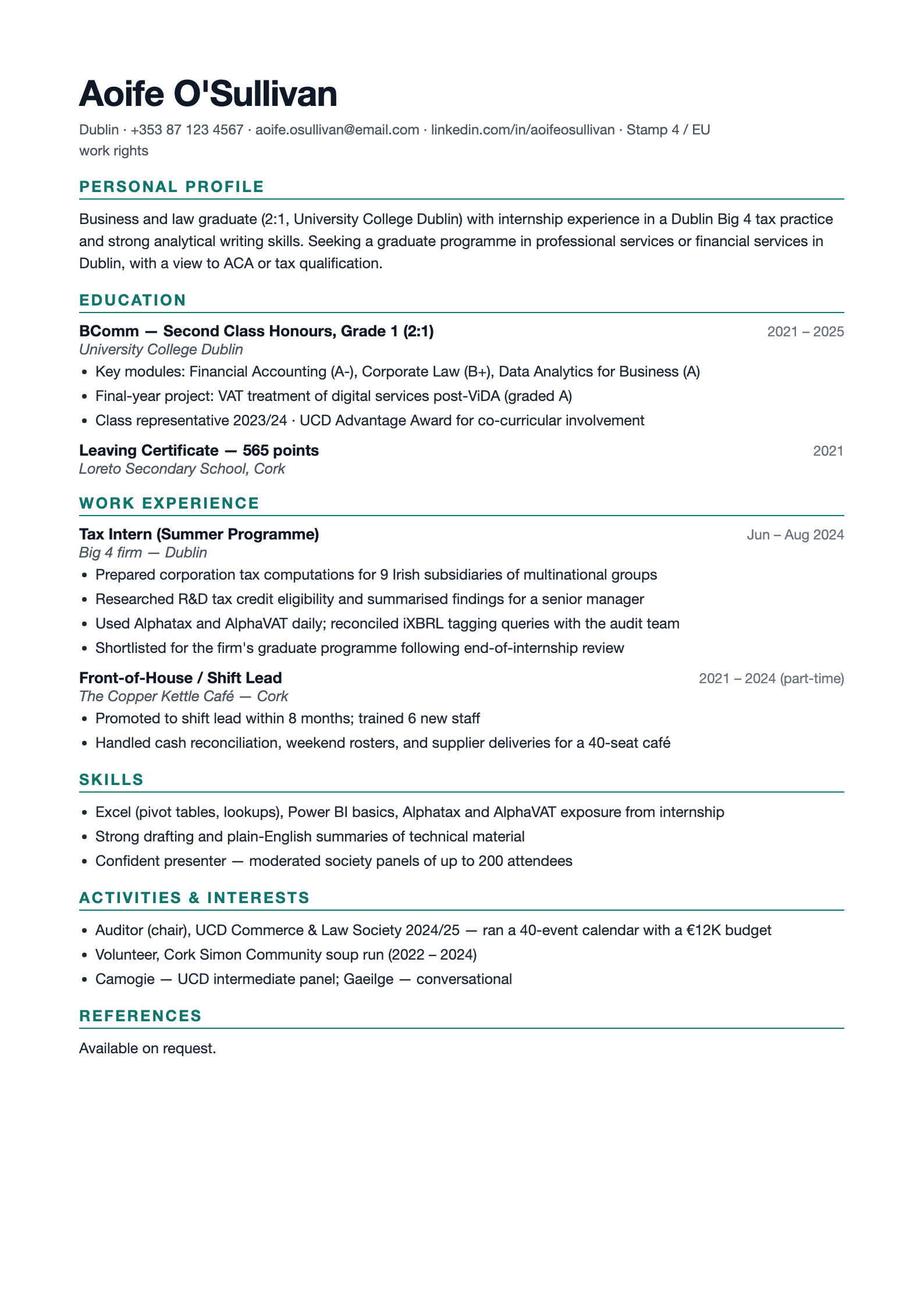 Preview of the free Irish CV template - graduate format with Personal Profile and Honours classification