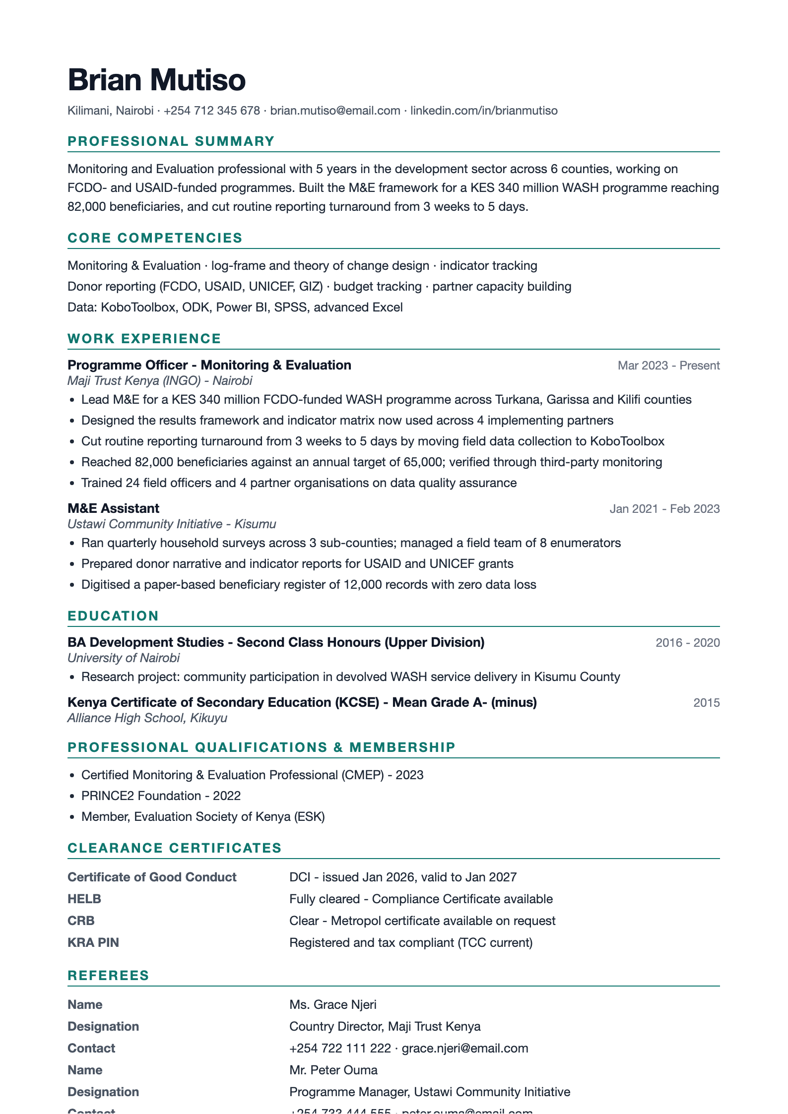 Preview of the free standard Kenyan CV format with KCSE mean grade, clearance certificates and referee sections