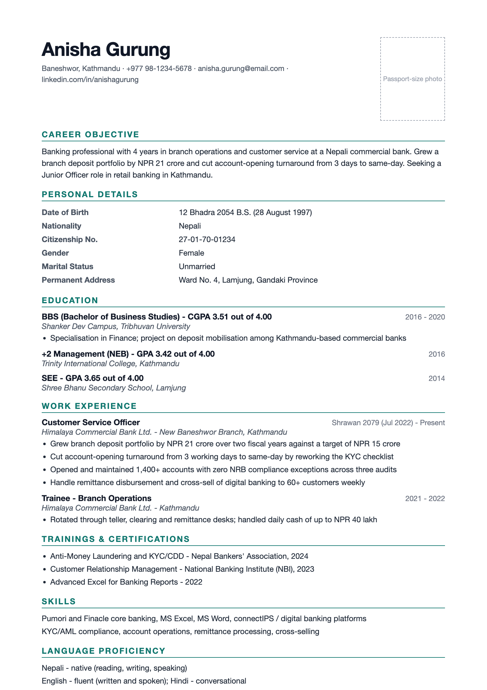 Preview of the free standard Nepali CV format with Personal Details, citizenship number and SEE, +2 education sections