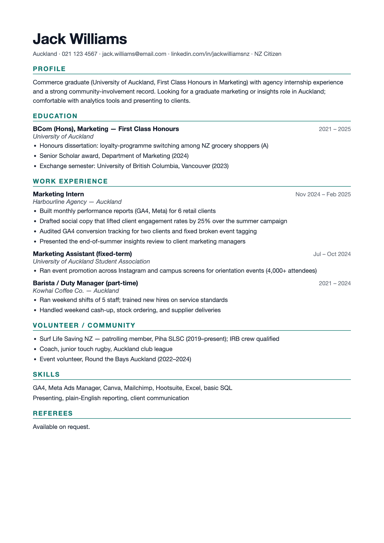 Preview of the free New Zealand CV template - graduate format with Profile, Education and community involvement