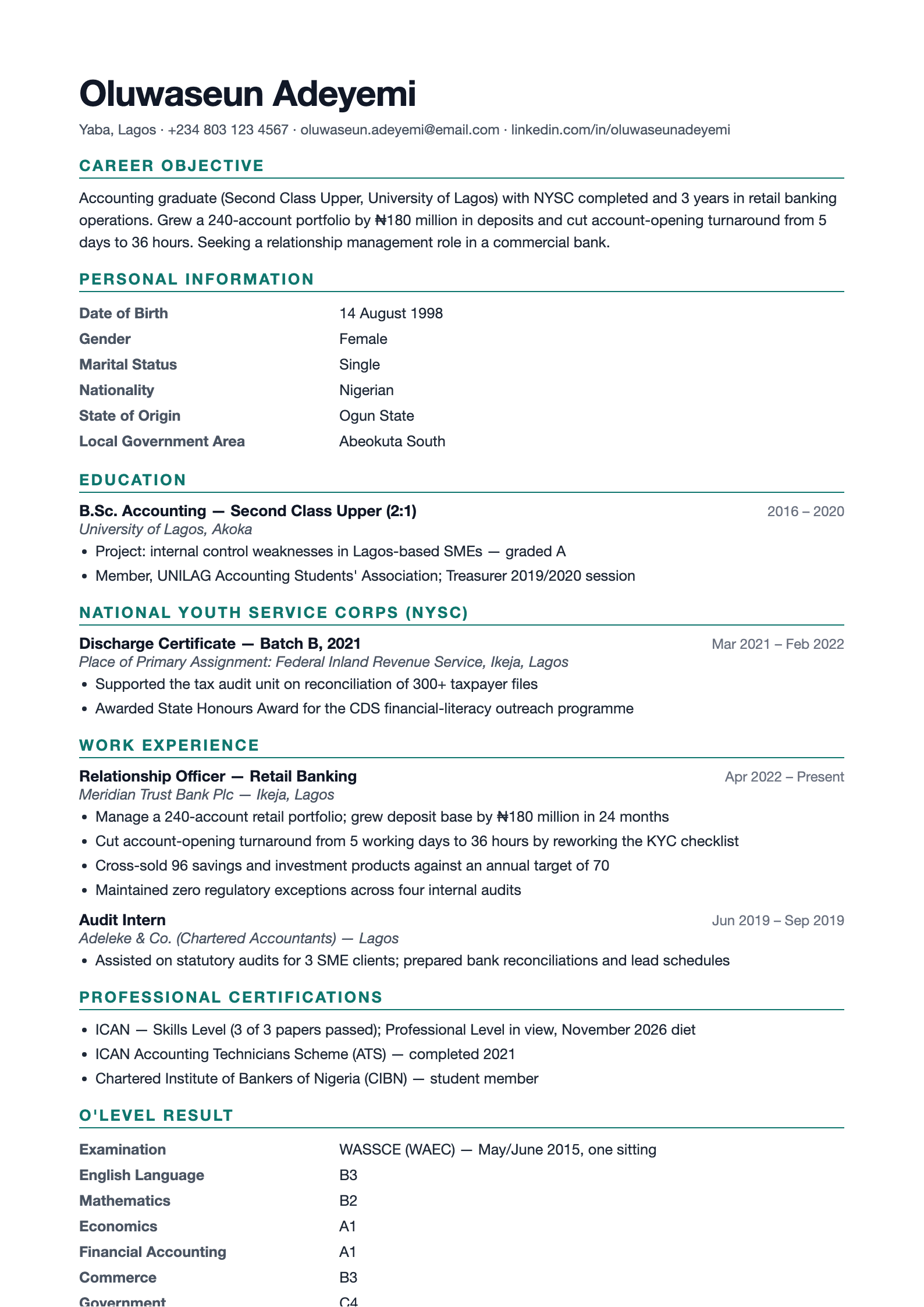 Preview of the free standard Nigerian CV format with Personal Information, NYSC and O'Level Result sections