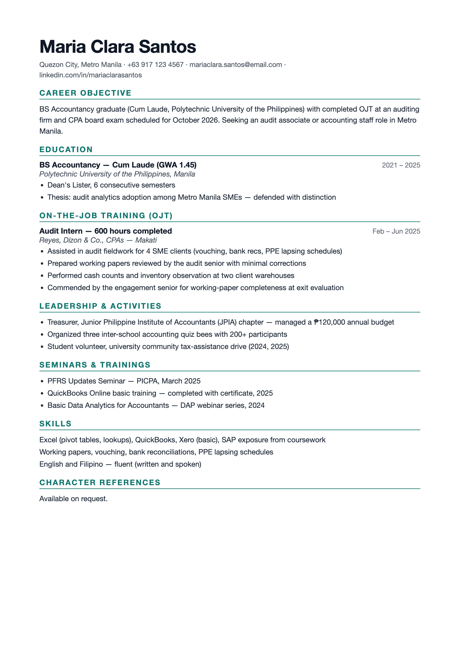 Preview of the free Philippines resume template with Career Objective, Latin honours and OJT sections