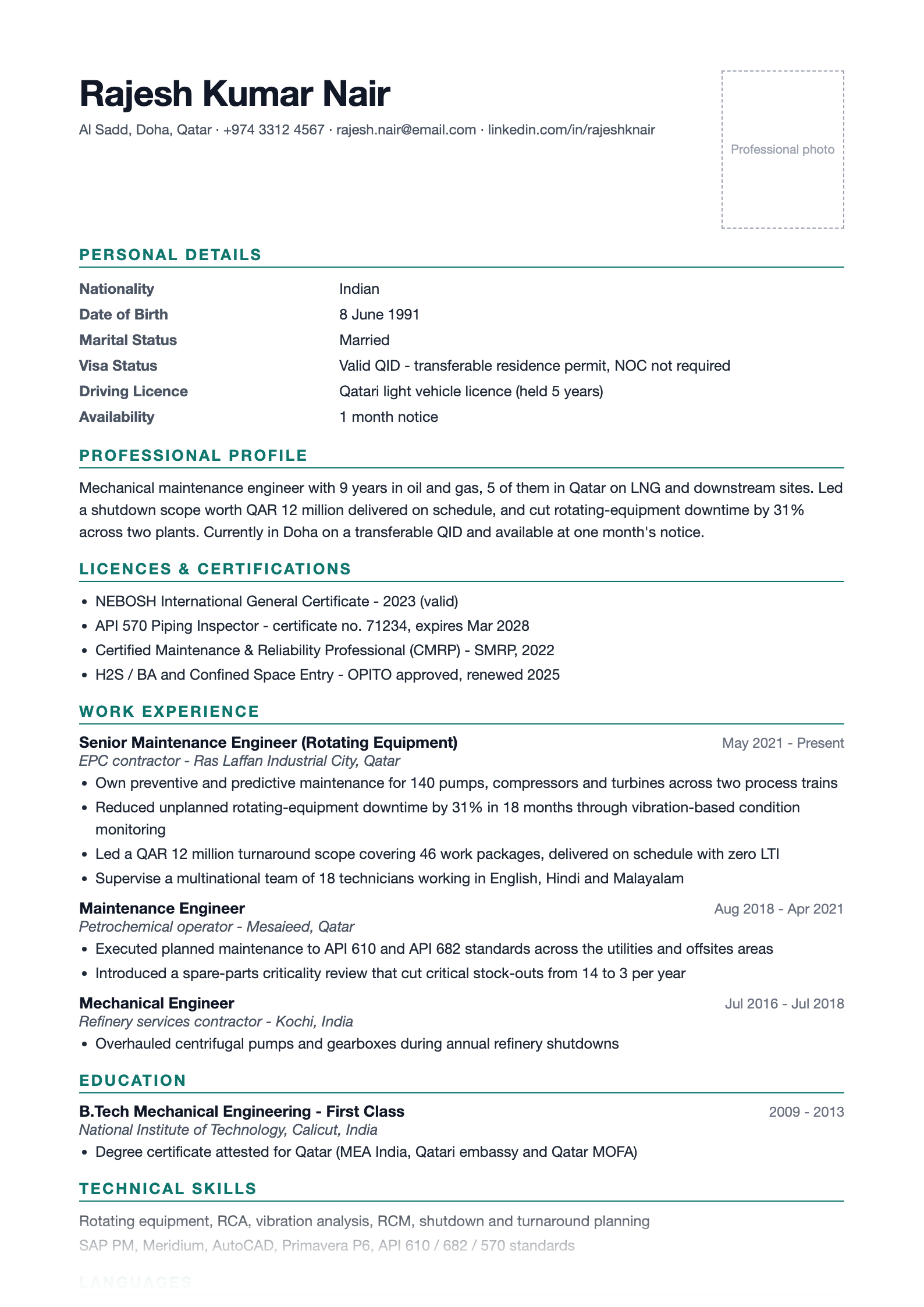 Preview of the free Qatar CV template with photo, nationality, visa status and licences sections