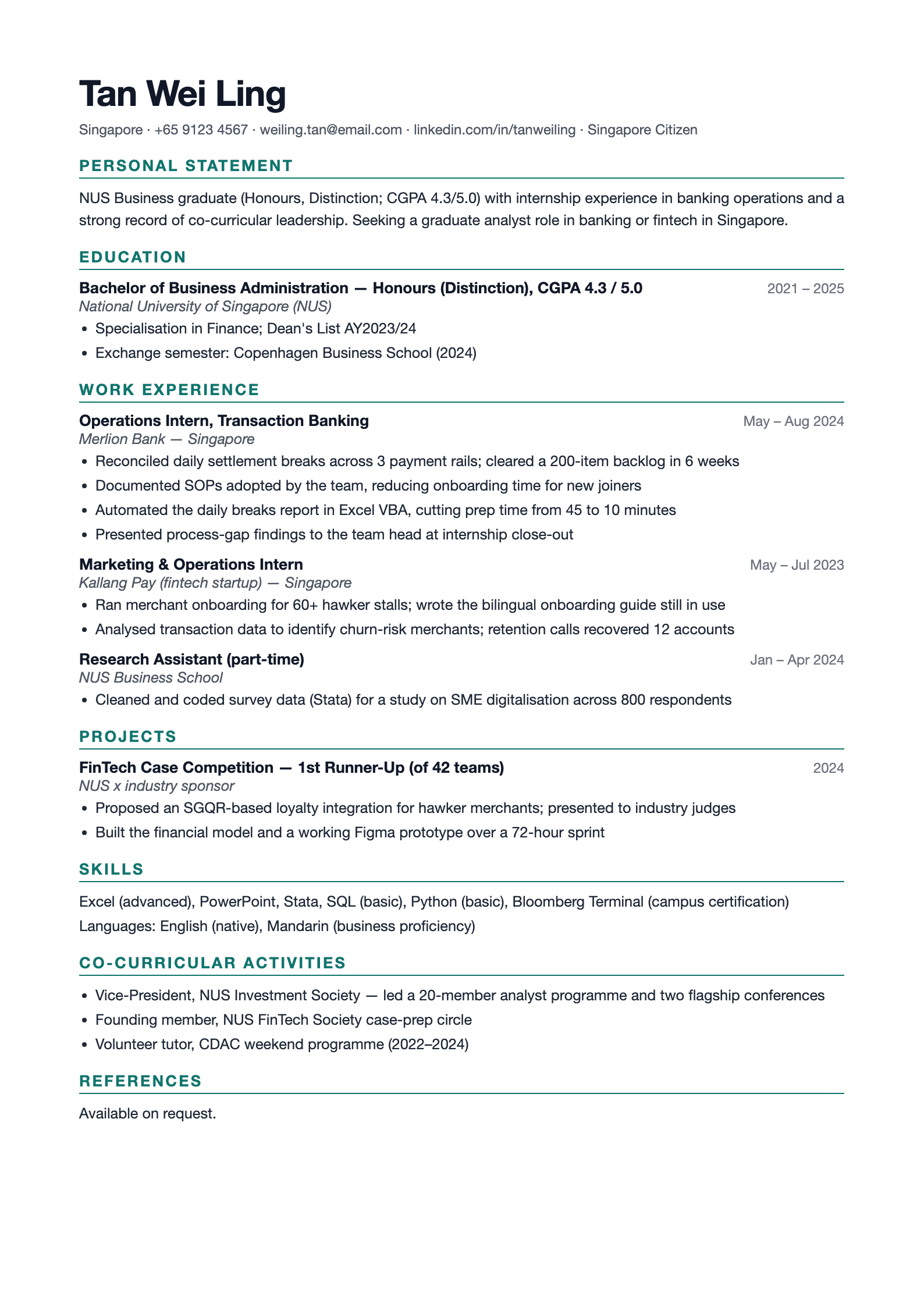 Preview of the free Singapore resume template - fresh graduate format with CGPA and co-curricular activities