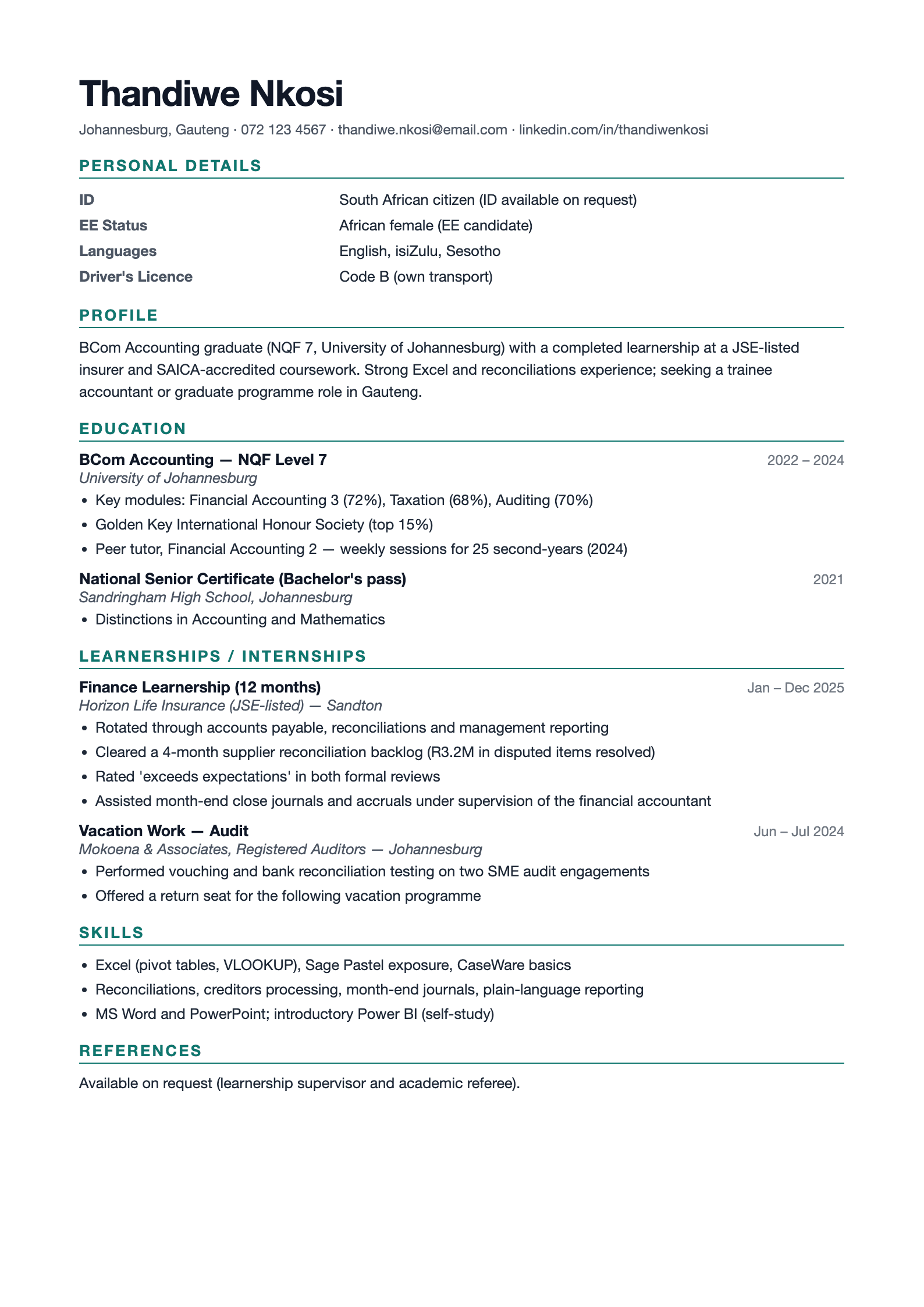 Preview of the free South African CV template with EE status, NQF education level and learnership section