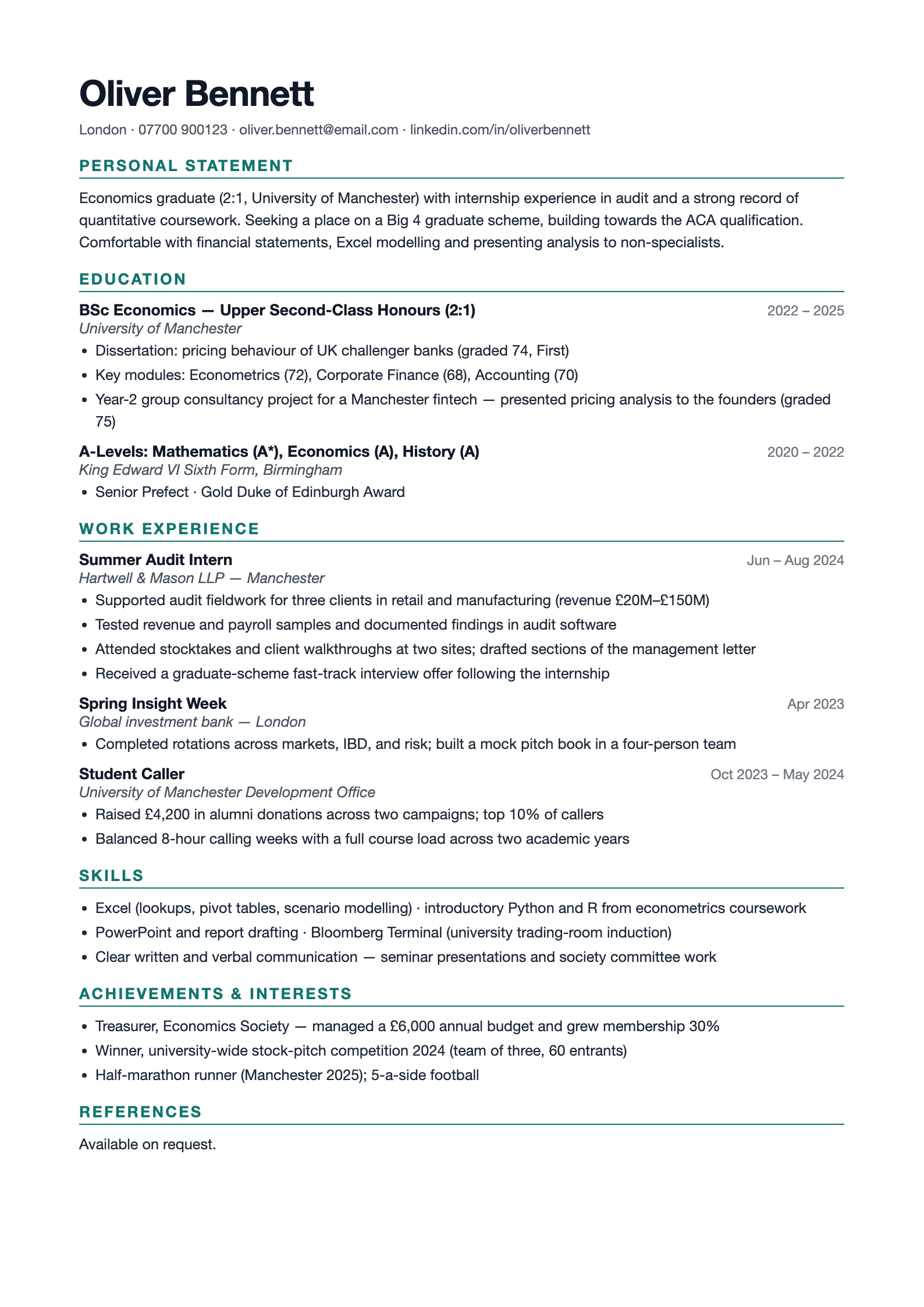 Preview of the free UK CV template - graduate format with Personal Statement and Education first